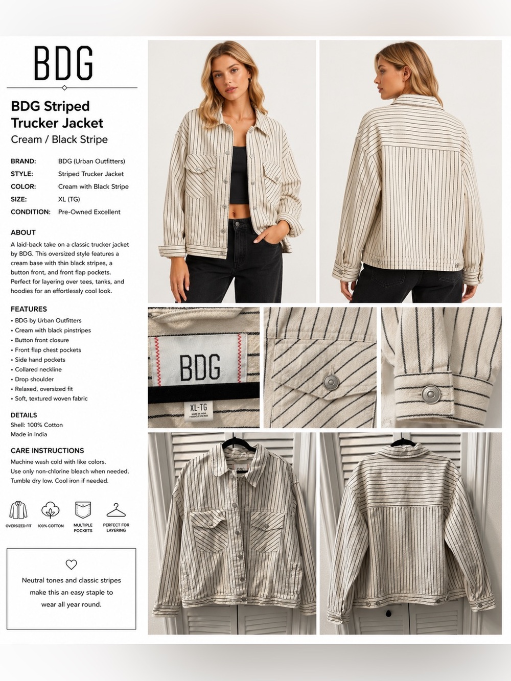 BDG Urban Outfitters Oversized Cream Black Pinstripe Trucker Jacket XL